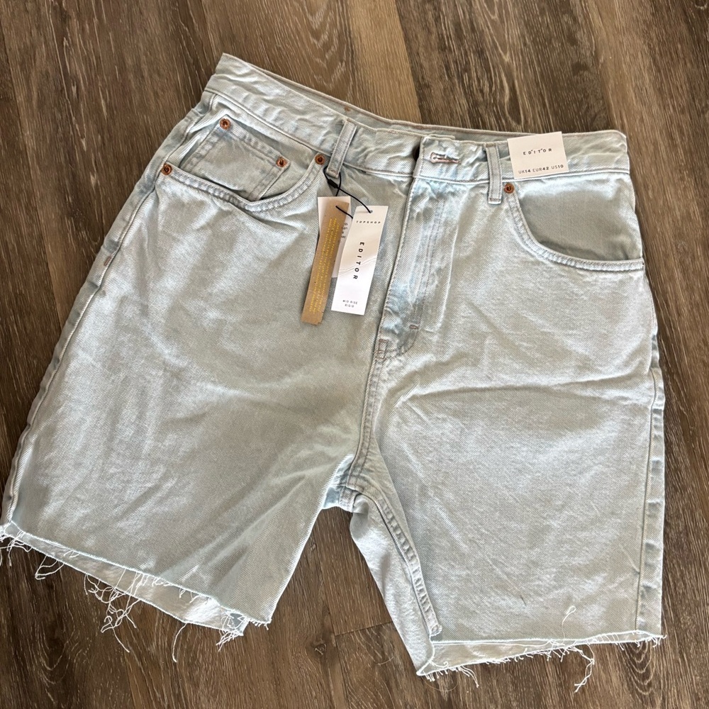 TopShop Editor Light Blue Denim Shorts Mid Rise Rigid Sz 10 NWT